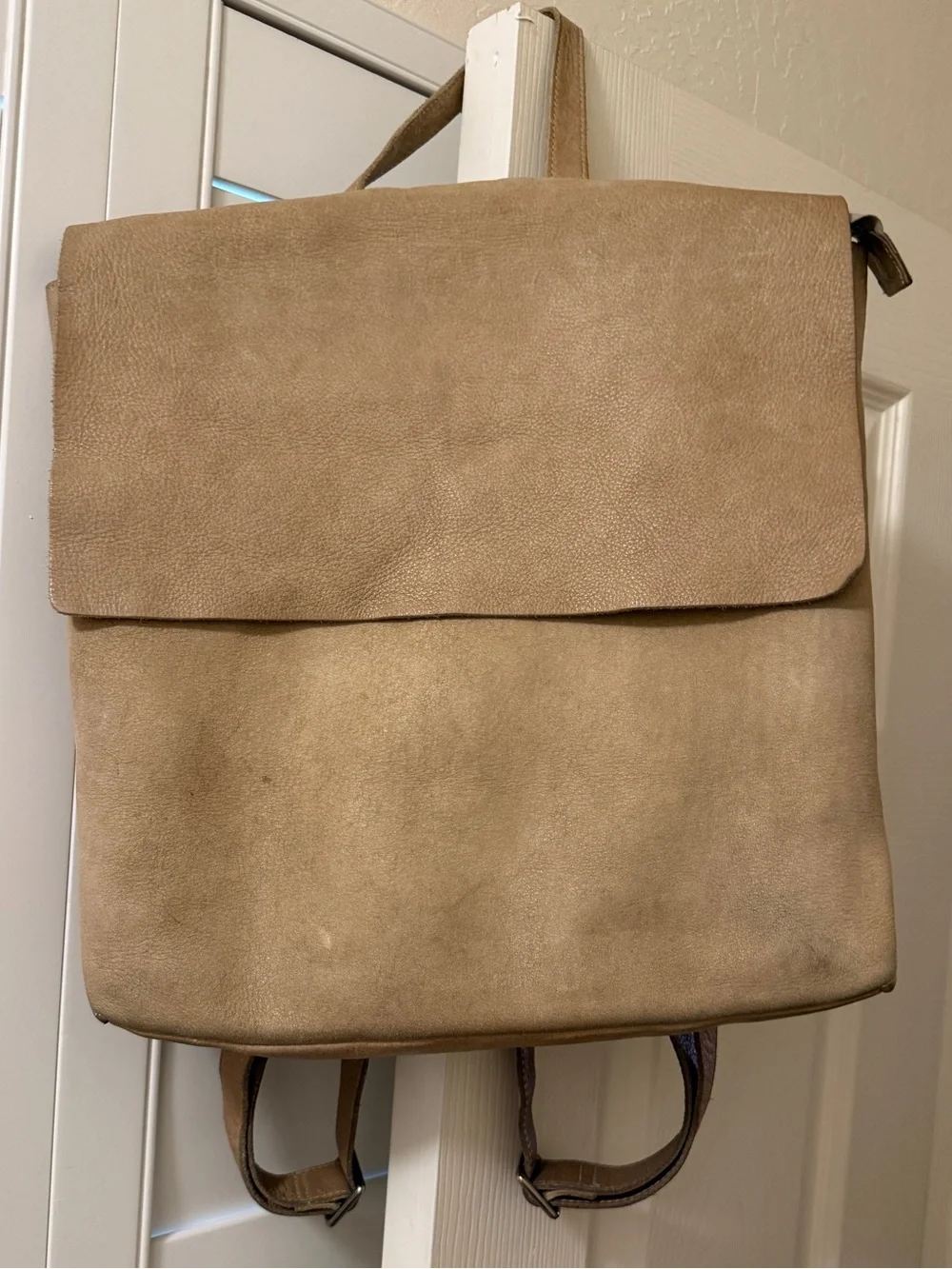 Eileen Fisher Tan Suede Leather Backpack Purse Foldover Minimalist